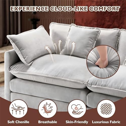 146" U-Shaped Modern Sofa Modular Sectional Cloud Couch with 2 Ottoman, 6-Seat Chenille Deep Seat Sofa with 6 Pillows for Living Room, Bedroom and Apartment, Grey