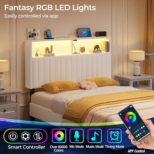 Rolanstar Headboard for Twin Size Bed with Storage, Head Board with USB & Type C Port, 60,000 DIY Color of LED Light, Velvet Upholstered, Height Adjustable, Sturdy, Easy Assembly, White