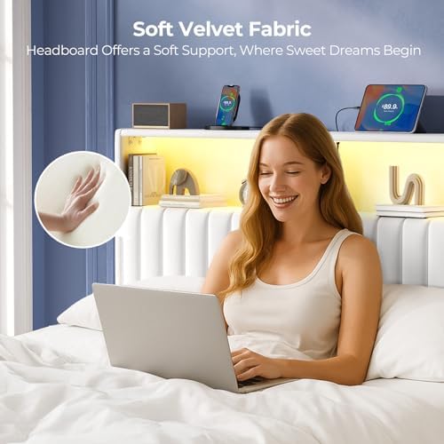 Rolanstar Headboard for Twin Size Bed with Storage, Head Board with USB & Type C Port, 60,000 DIY Color of LED Light, Velvet Upholstered, Height Adjustable, Sturdy, Easy Assembly, White