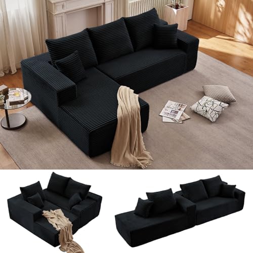 96" Cloud Sectional Couch with L-Shape Chaise, Modern Corduroy Boneless Couch for Living Room,Memory Foam Sofa with Deep Seat,No Assembly Required (Black,Left-Facing Chaise)