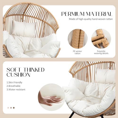 JAMFLY Egg Chair Wicker Outdoor Chairs, Oversized Patio Chair Oversized Lounger Chair with Cushion for Indoor Living Room, Bedroom, Outside Patio Backyard Balcony, Beige