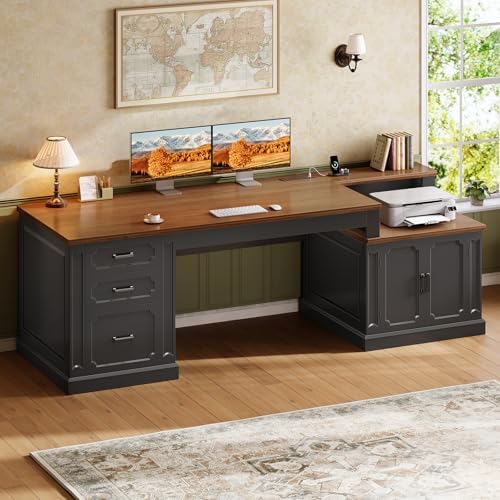 SEDETA Farmhouse 70.9" Executive Desk, Home Office Desk with File Drawers and Storage Cabinet, Computer Desk with Power Outlet for Home Office, Work Study Writing, Black