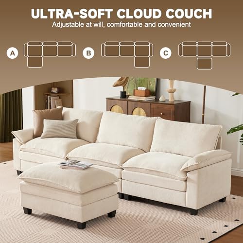 110.3 Inch Modular Couch Sectionals with Ottoman, Big Comfy Cloud Couches, L Shaped 4 Seat Modular Sectional Sofa, Modern Cloud Sectional Couches for Living Room, Deep Seat Sofa, Beige