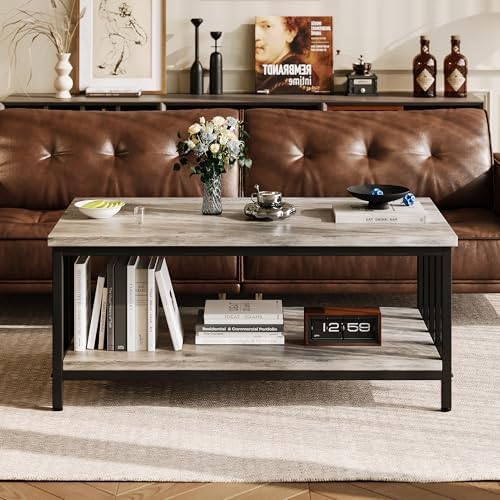 Homeiju Coffee Table for Living Room with Slatted Sides Frame, Modern Farmhouse Living Room Table with 2-Tier Storage Shelf for Home Office, Apartment, 39 inch Grey Wash