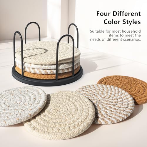 Coasters Set of 8 for Drinks, Beer, Coffee, Cotton Woven 4 Colors Absorbent Coaster with Holder, Boho Coasters for Home Decor Tabletop Protection Suitable for Kinds of Cups, Coffee