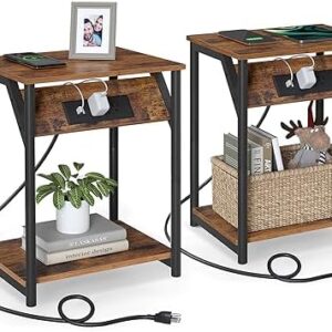 VASAGLE End Table with Charging Station, Set of 2, Small Side Tables for Living Room, Bedroom, Nightstand with Outlets and USB Ports, Bedside Table with Storage Shelf, Rustic Brown and Black