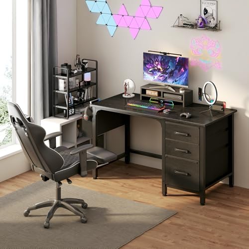 Lufeiya Computer Desk with File Drawers Cabinet, 47 Inch Reversible Home Office Desks with Filing Cabinet for Small Space, Gaming Study Writing Table PC Desks, Black