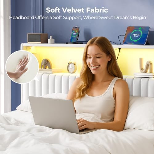 Rolanstar Headboard for Queen Size Bed with Storage, Head Board with USB & Type C Port, 60,000 DIY Color of LED Light, Velvet Upholstered, Height Adjustable, Sturdy, Easy Assembly, White
