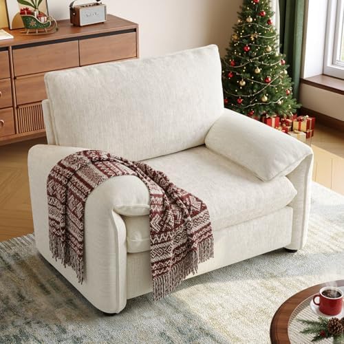 ONBRILL Oversized Accent Chair, 41 Inch Chenille Fabric Armchair, Comfy Single Sofa Chair with Padded Arms, Pocket Spring Cushion, Modern Reading Chair for Living Room, Bedroom, Beige