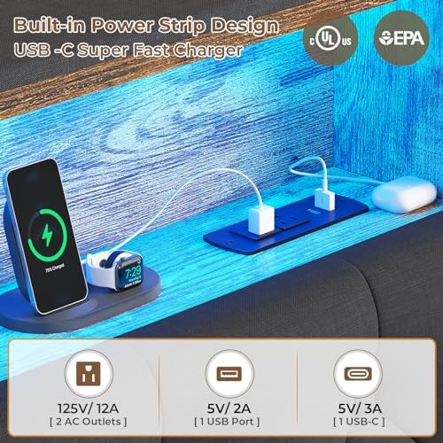 Twin Size Bed Frame with Hidden Storage Headboard and 4 Drawers, Upholstered Platform Bed Twin with LED Lights & Charging Station, No Box Spring Needed, Noise-Free, Dark Grey