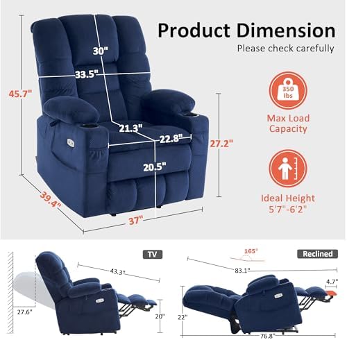 MCombo Large Triple Motor Power Lift Recliner Chair with Massage and Dual Heating, Adjustable Headrest for Tall Elderly People, Fabric 7634 (Navy Blue, Large)