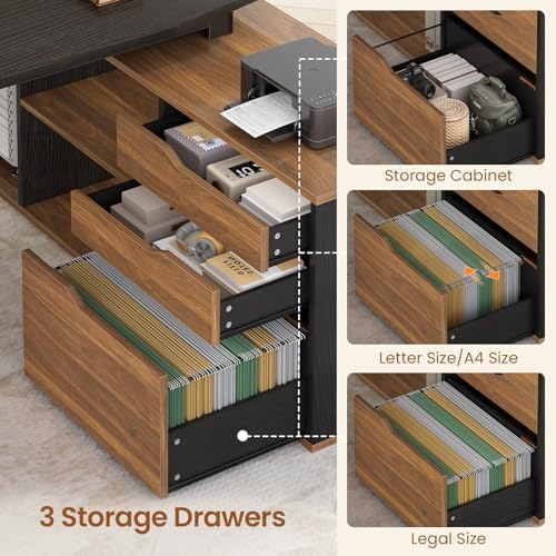 SEDETA 71" Executive Desk with File Cabinet, Large Office Desk with Drawers and Shelves, L Shaped Computer Desk with Power Outlets, Business Furniture Desk Workstation for Home Office, Walnut