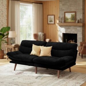 Marsail Futon Sofa Bed, 66” Futon Couch with Adjustable Backrest & Armrests, Convertible Small Sleeper Sofa Bed for Small Apartments, Study Room, Office, Corduroy Loveseat, Black