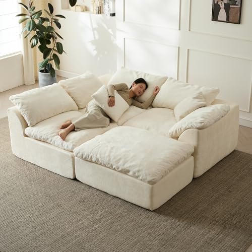 109" Modern Cloud Couches for Living Room, Deep Seat Convertible L-Shape Boneless Couch with Ottoman, Oversized Comfy 3-Seater Couch Chenille Fabric Compressed Sofa Modular Sectional Sofa,Creamy White