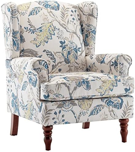 MELLCOM Floral Accent Chair, High Back Upholstered Armchair with Solid Legs, Leisure Single Sofa Chair for Living Room, Bedroom, Home Office, Blue Floral