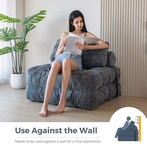 MAXYOYO Folding Sofa Bed, Convertible Sleeper Chair with Pillow Foldable Mattress with Back Support, Portable Fold Out Chair Bed Comfy Floor Sofa Lounge for Living Room Bedroom, Dark Grey, Single