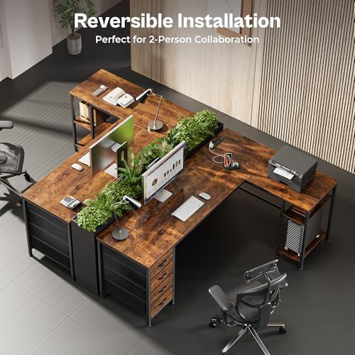 Huuger 63 Inch L Shaped Desk with Fabric Drawers, Computer Office Desk with Power Outlets and USB-C Port, Corner Desk with Storage Shelves, for Gaming Work Study Home Office, Reversible, Rustic Brown