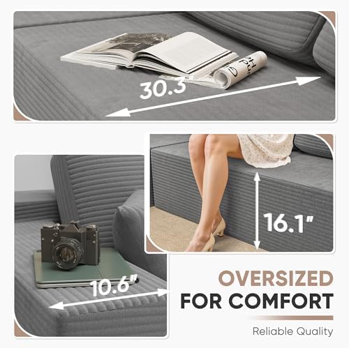 Homall 108" Modular Sectional Sofa, Boneless Couch with L-Shape Chaise, Cloud Couch with Deep Seat Upholstered, No Assembly Required for Living Room, Bedroom (Corduroy, Grey)