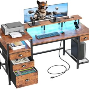 Furologee 60" Computer Desk with File Cabinet and Storage Shelves, Reversible Home Office Desk with LED Lights, Full Monitor Stand, Power Outlets, Study Gaming Table with 4 Drawers, Rustic Brown