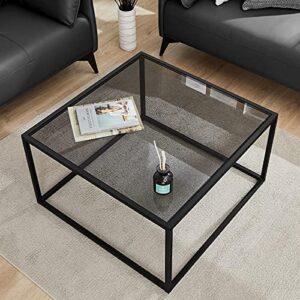 SAYGOER Glass Coffee Table, Small Modern Coffee Table Square Simple Center Tables for Living Room 26.7 x 26.7 x 17.7 Inches, Gray Black