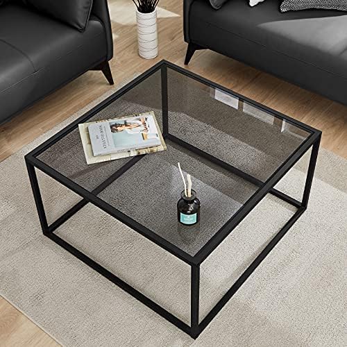 SAYGOER Glass Coffee Table, Small Modern Coffee Table Square Simple Center Tables for Living Room 26.7 x 26.7 x 17.7 Inches, Gray Black