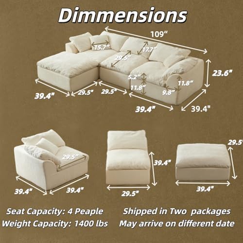 109" Modern Cloud Couches for Living Room, Deep Seat Convertible L-Shape Boneless Couch with Ottoman, Oversized Comfy 3-Seater Couch Chenille Fabric Compressed Sofa Modular Sectional Sofa,Creamy White