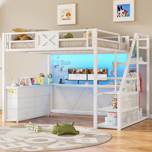 Itaar Full Size Loft Bed with Desk and Storage Stairs, Metal Loft Bed with 6 Storage Drawers, Hall Tree, LED Lights and Power Outlet, for Kids, Teens, Adults, White