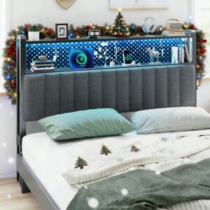 VINGLI Queen Size Headboard Only, Adjustable Upholstered Headboard with 2 Tier Shelves and Pegboard with Charging Stations and LED Lights, Modern Bed Headboard with Storage for Bedroom Decor