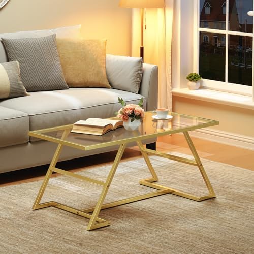 HOOBRO Coffee Table, Rectangular Gold Coffee Table, Modern Glass Center Table, 2-Tier Center Tea Tables with Metal Frame for Living Room, Home Office, Gold GD11KF01
