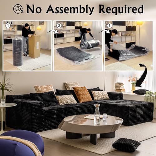 Black sectional couches for Living Room Corduroy Couch,104" Cloud Sectional Couch with L-Shape Chaise, Modern Modular Sofa, Deep Seat Comfort, No Assembly Required(Plush Corduroy Fabric)