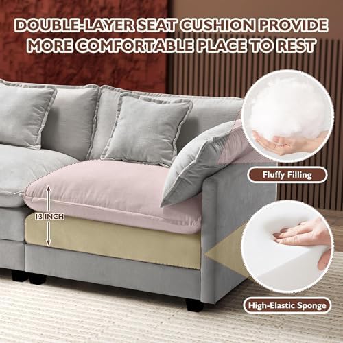 146" U-Shaped Modern Sofa Modular Sectional Cloud Couch with 2 Ottoman, 6-Seat Chenille Deep Seat Sofa with 6 Pillows for Living Room, Bedroom and Apartment, Grey