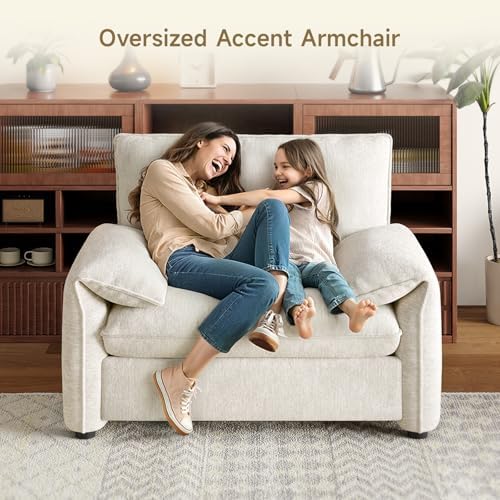 ONBRILL Oversized Accent Chair, 41 Inch Chenille Fabric Armchair, Comfy Single Sofa Chair with Padded Arms, Pocket Spring Cushion, Modern Reading Chair for Living Room, Bedroom, Beige
