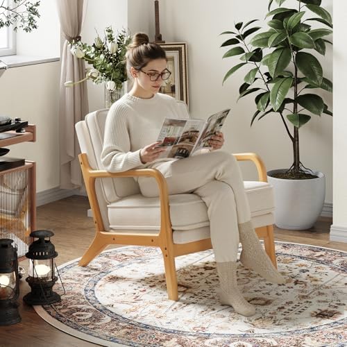 Mid-Century Accent Chair with Solid Wood Frame, Reading Relaxing Armchair Lumbar Pillow& Soft Cushion, Leisure Chair for Living Room, Bedroom, Waiting Room-Beige