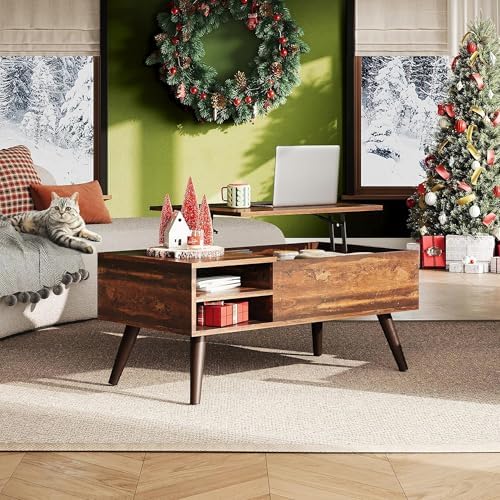 WLIVE Lift Top Coffee Table for Living Room,Small Coffee Table with Storage, Adjustable Shelf and Storage Compartment, Mid Century Modern Living Room Table, Wood, Rustic Brown