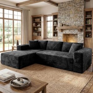 Shintenchi Boneless Couches for Living Room,Modular Sectional Sofa with 2 Cup Holders,Memory Foam Cloud Couch with L Shaped Oversized Chaise,No Assembly Needed Plush Corduroy Sofa,Black