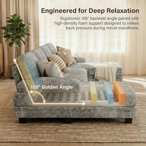 Homall Sectional U Shaped Sofa Couches for Living Room, Comfy Chenille 4 Seat Sofa Set with Removable Pillows, Lounge Chaise Upholstered Couch for for Apartment (Chenille, Grey)