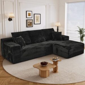 108" L Shaped Boneless Sectional Couches for Living Room, Comfy Corduroy Floor Cloud Sofa with Chaise, Wide Armrest, Deep Seat, Memory Foam, Assembly Free, Ideal for Small Spaces, Black