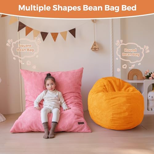 MAXYOYO 3 in 1 Kids Bean Bag Chair Bed, Convertible Chair Folds from Bean Bag to Lounger, Child Floor Sofa for Gaming, Reading, Floor Mattress with High-Density Foam Filling