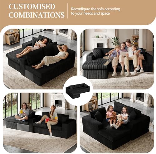 Vongrasig 105" Boneless Couches for Living Room, Sectional Couches Modular Sofa with L-Shaped Chaise, Memory Foam Comfy Cloud Couch with Plush Corduroy Fabric, No Assembly Required, Black