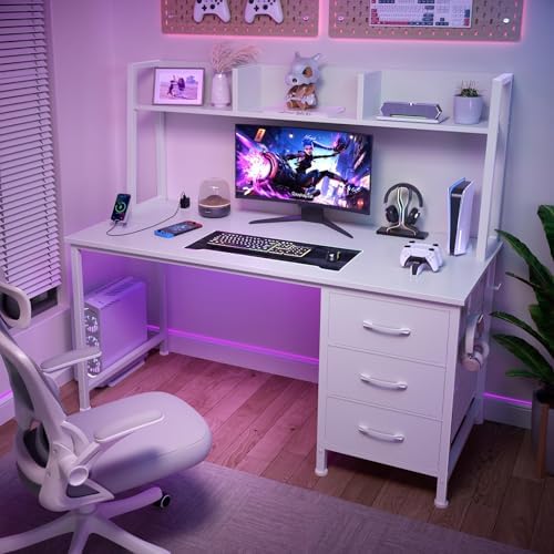 DLisiting White Computer Desk with Hutch & Drawers - Office Desk with 3 Storage Drawers and Power Outlets, 47 Inch Modern Study Writing Desk for Bedroom Home Office