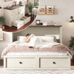 AMERLIFE Queen Murphy Bed with Storage & Charging Station, Farmhouse Murphy Cabinet with Foldable Panel, Noisy Free, for Guest Bedroom, Living Room, Office, Distressed White