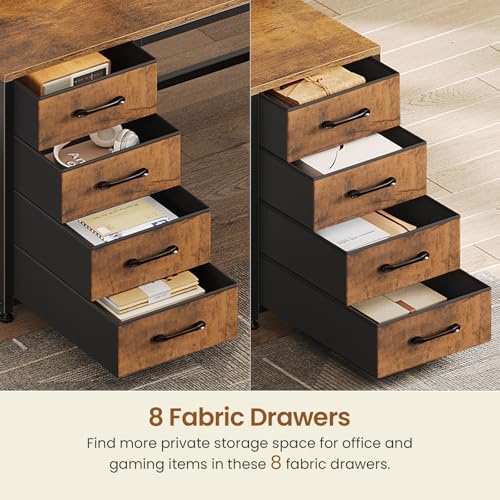 SEDETA 94.5" 2 Person Gaming Desk, Long Office Computer Desk with 8 Drawers & LED Lights, Two Person Desk with Storage, Power Strip & Monitor Stand for Home Office, Rustic Brown