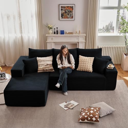 96" Cloud Sectional Couch with L-Shape Chaise, Modern Corduroy Boneless Couch for Living Room,Memory Foam Sofa with Deep Seat,No Assembly Required (Black,Left-Facing Chaise)