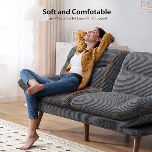 Pipishell Futon Sofa Bed, 66 Inch Corduroy Futon Couch Convertible with Adjustable Backrest and Armrests, Recliner Sleeper Sofa for Small Spaces, Living Room, Office, Guest Room (Grey, 66 Inch)