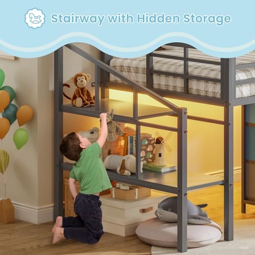 VIAGDO Low Loft Bed Twin Size with 9 Storage Drawers and LED Lights, Metal Twin Loft Bed with Stairway Shelf Storage, Low Loft Bed with Safety Guardrail and Under-Bed Hideaway for Kids, Grey