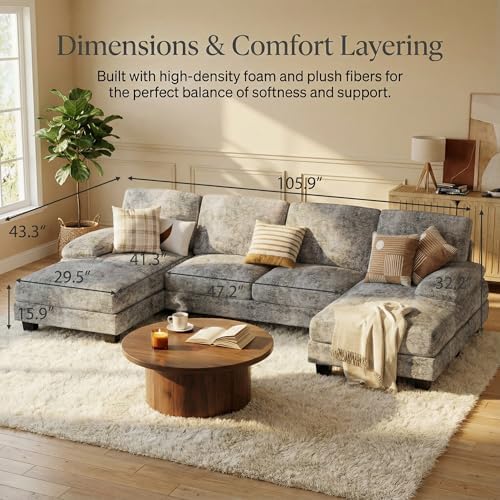 Homall Sectional U Shaped Sofa Couches for Living Room, Comfy Chenille 4 Seat Sofa Set with Removable Pillows, Lounge Chaise Upholstered Couch for for Apartment (Chenille, Grey)