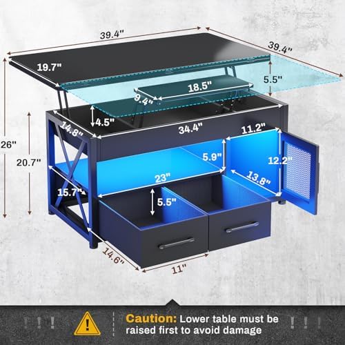 Itaar 40" Lift Top Coffee Table, 4 in 1 Coffee Tables with Storage Cabinet for Living Room, Small Farmhouse Coffee Table with 2 Fabric Drawers & LED Light for Dining Room, Black