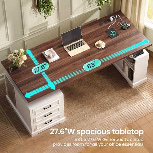 SEDETA Farmhouse Electric Standing Desk, 63" Height Adjustable Computer Desk with 3 Drawers, Storage Shelves, Power Outlets, Wood Home Office Stand up Desk for Work, Study, Writing, White