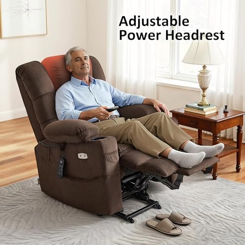 MCombo Large Triple Motor Power Lift Recliner Chair with Massage and Dual Heating, Adjustable Headrest for Tall Elderly People, Fabric 7634 (Coffee, Large)