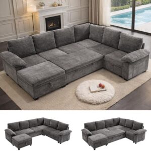 108 Inch Sectional Sleeper L Shaped Sofa with Pull Out Bed, 7 Seat Modular Sectional Sofa with Storage, Modern Chenille Cloud Couch, Sectional Couches for Living Room, Gray